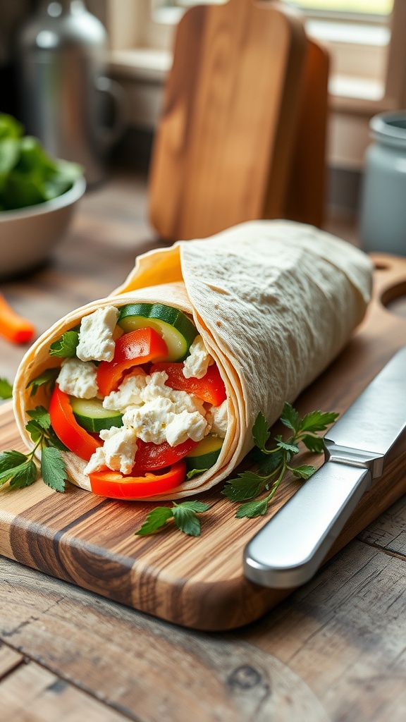 A cottage cheese wrap filled with colorful vegetables on a wooden board.